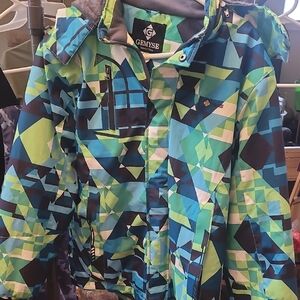 EUC WORN 1X Sz 14/16 Kids Geometric Blue Green Jacket